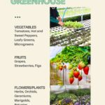 A pin that says 'what to grow in a greenhouse' with 3 images of veggies, strawberries, and flowers with description of each.